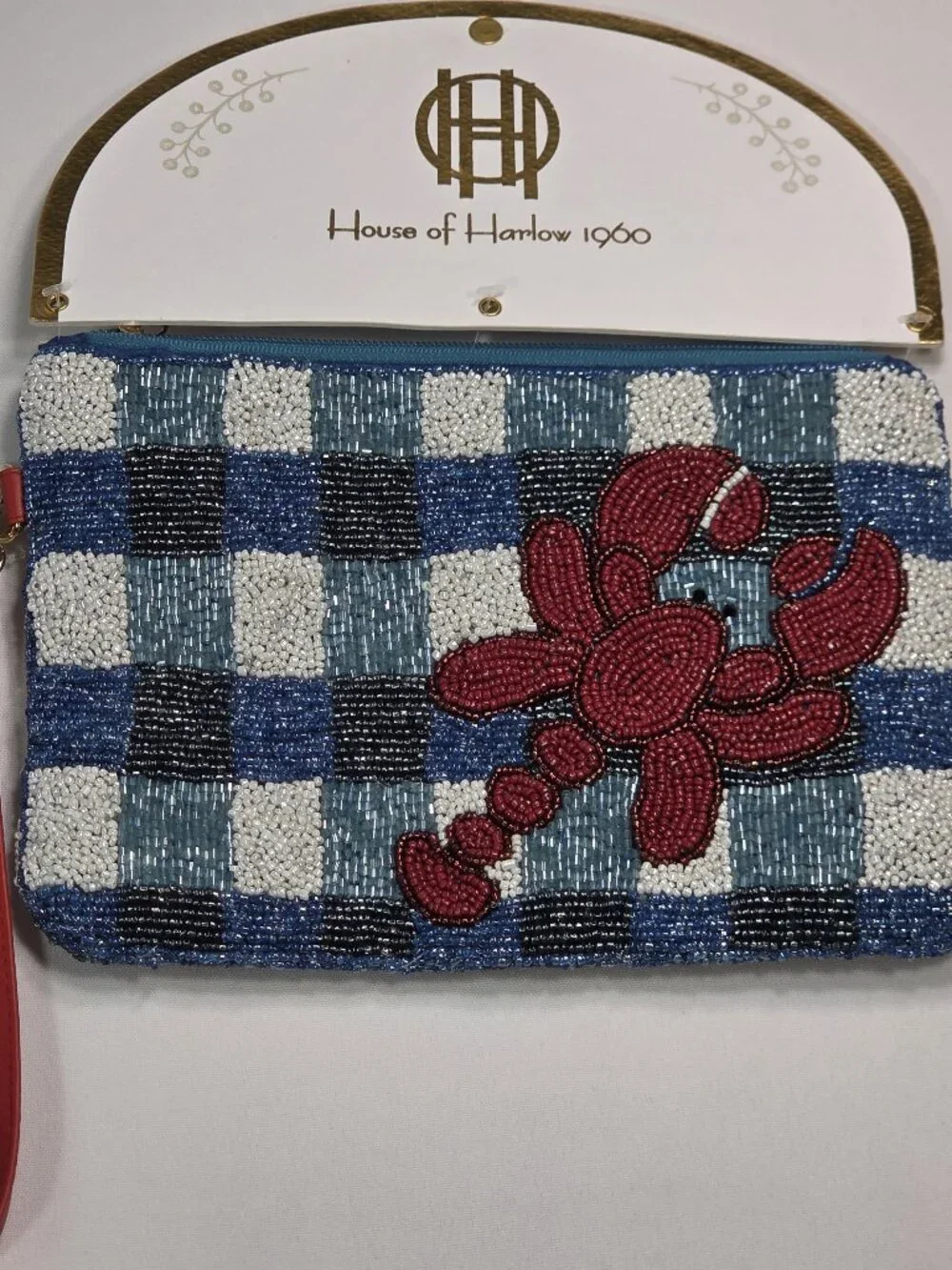 House of Harlow 1960 Beaded Lobster Plaid Wristlet Clutch Gingham Pouch Bag NWT